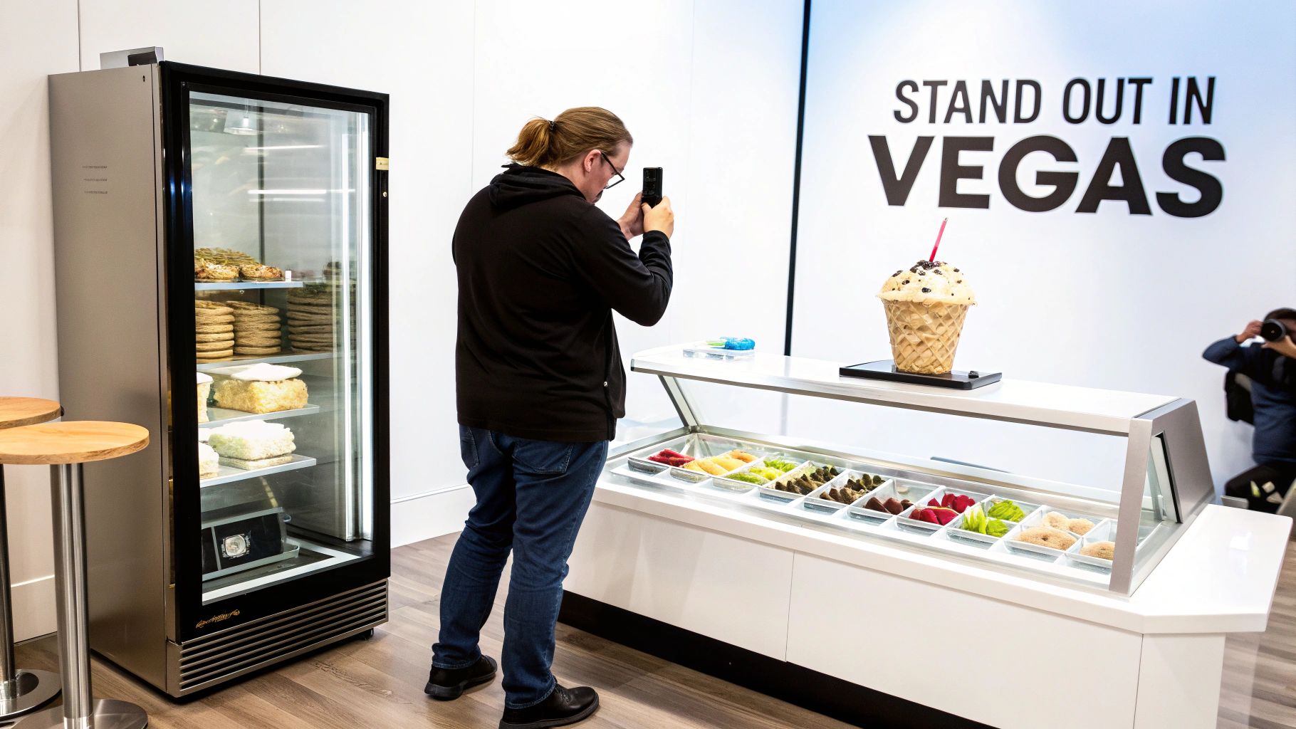 A person photographs a giant ice cream cone display and a dessert case in a modern store.