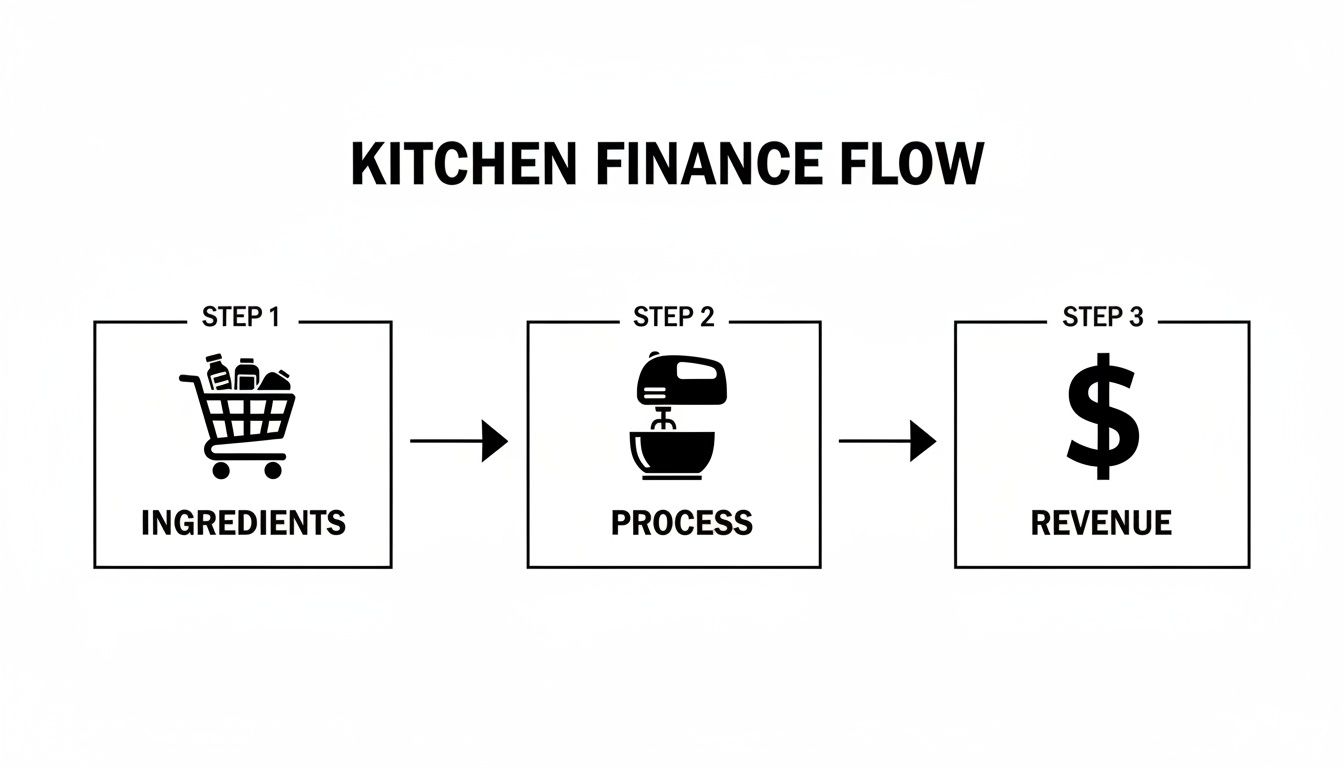 A flowchart showing kitchen finance flow, from ingredients purchase to processing and revenue generation.
