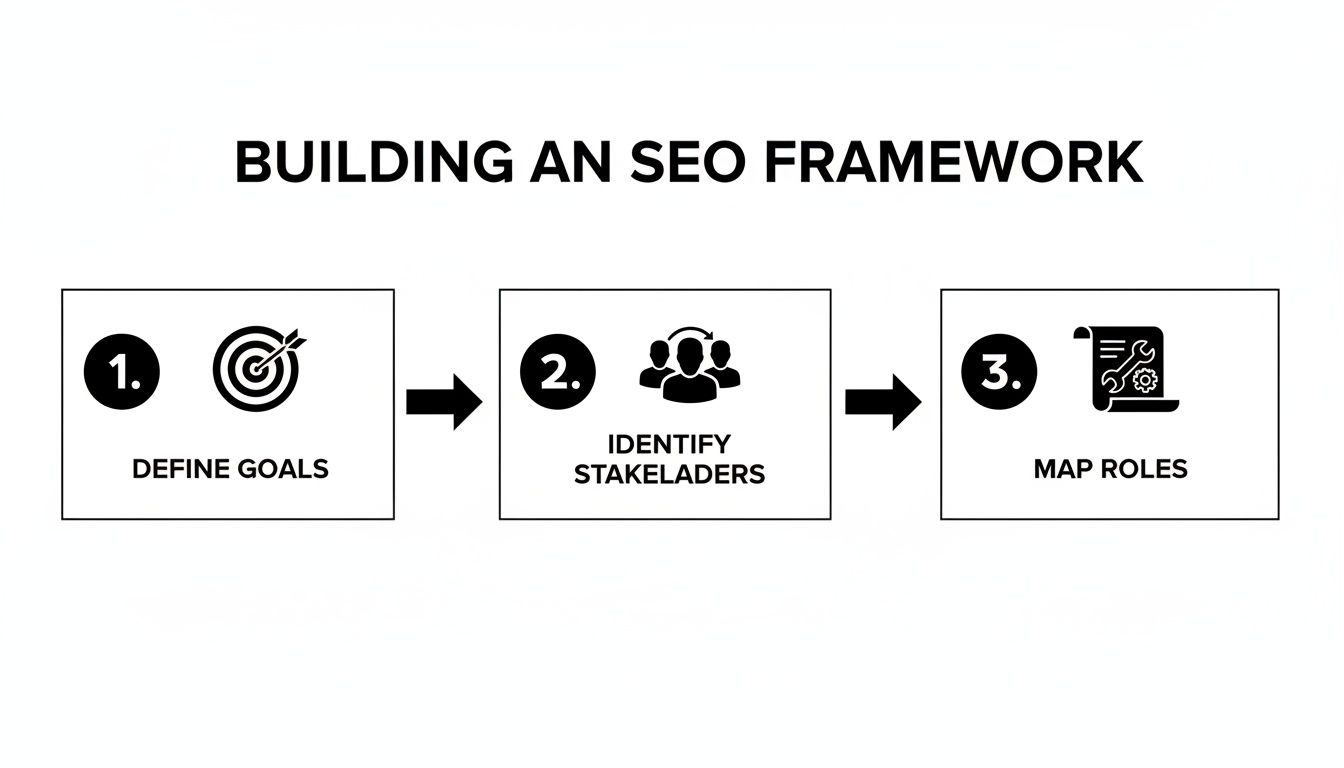 A 3-step flowchart for building an SEO framework: Define Goals, Identify Stakeholders, Map Roles.