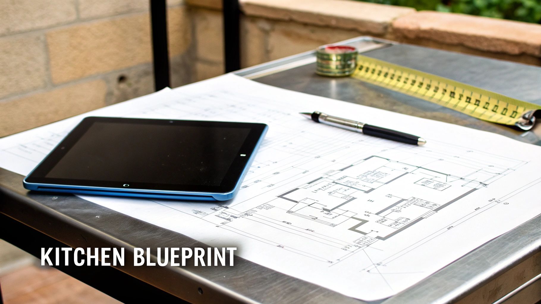 A blueprint with a tablet, pen, and measuring tape on a metal table, illustrating kitchen design.