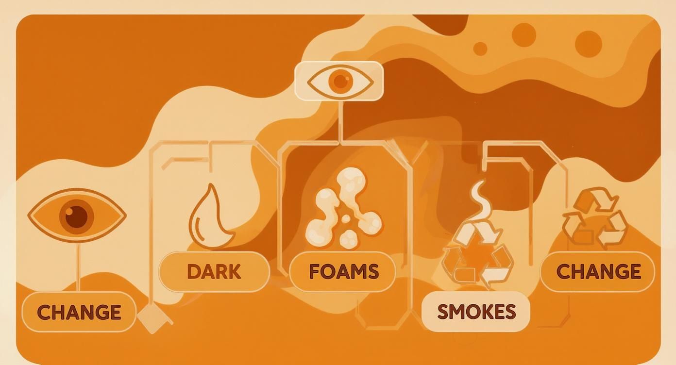 A diagram illustrating a process flow with icons and labels: Change, Dark, Foams, Smokes, and Change.
