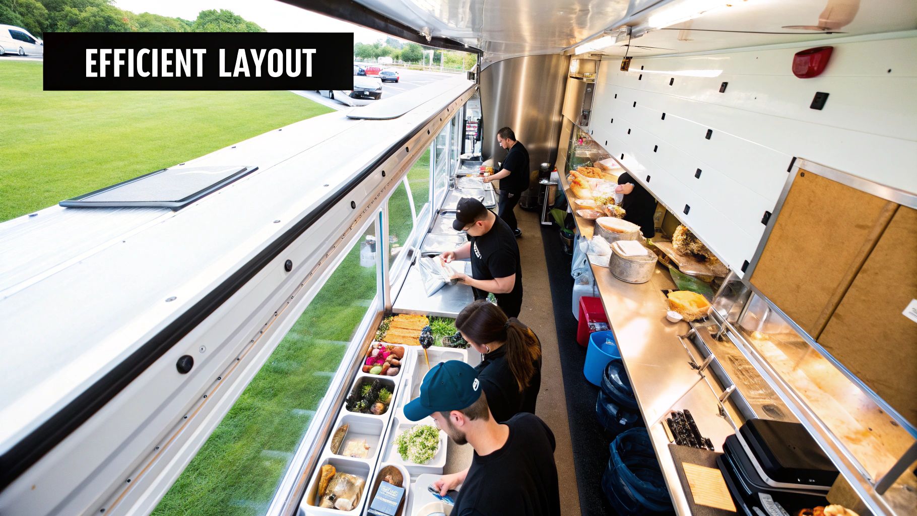 A well-organized food truck kitchen interior showing staff at work