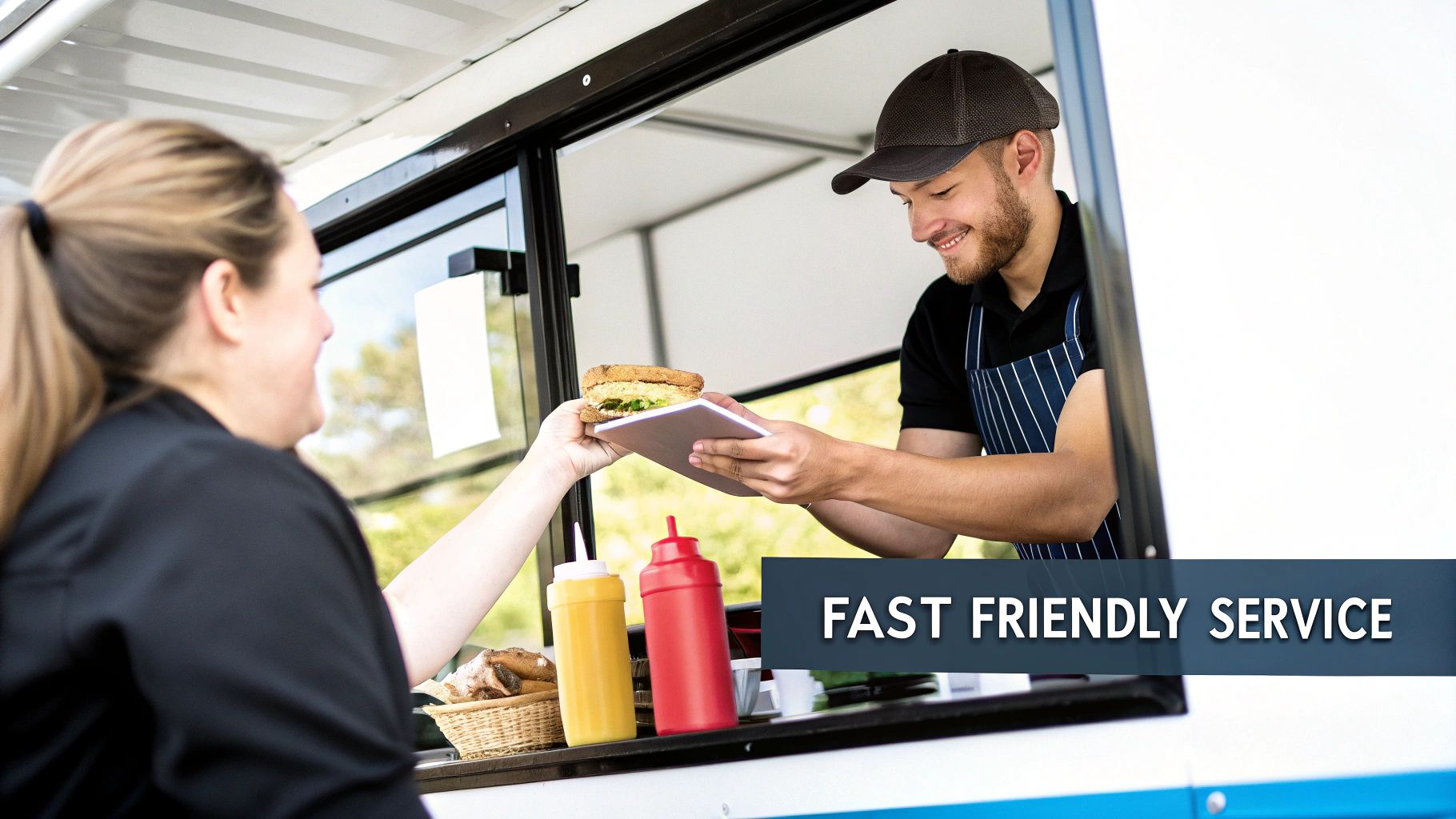 A friendly food truck vendor in an apron serves a fresh sandwich and tablet to a customer.