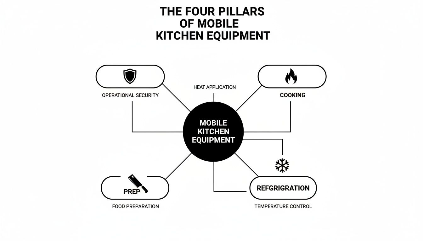 Diagram showing the four pillars of mobile kitchen equipment: operational security, cooking, refrigeration, and prep.