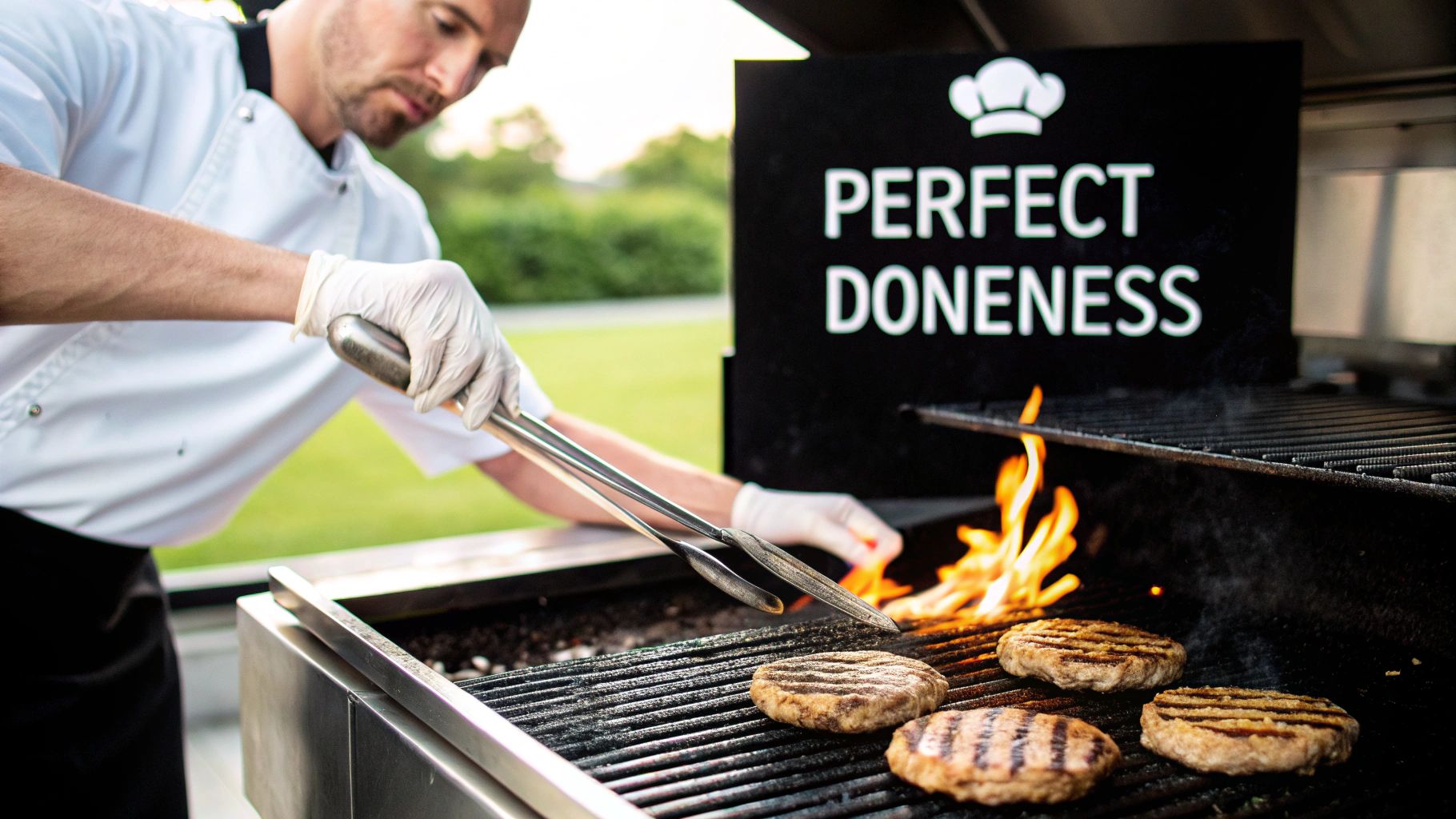A chef in white uniform and gloves grilling burgers on an outdoor barbecue with flames and a 'Perfect Doneness' sign.