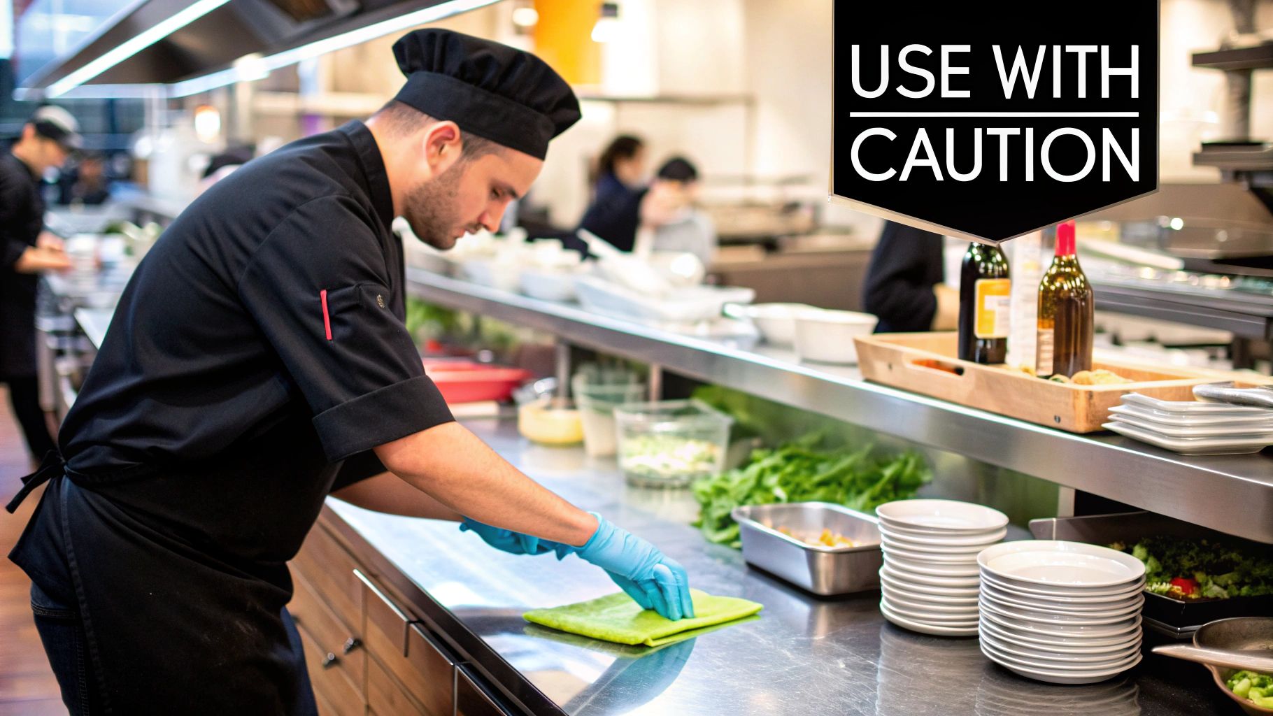 Chef cleaning a stainless steel kitchen counter with a spray bottle and cloth