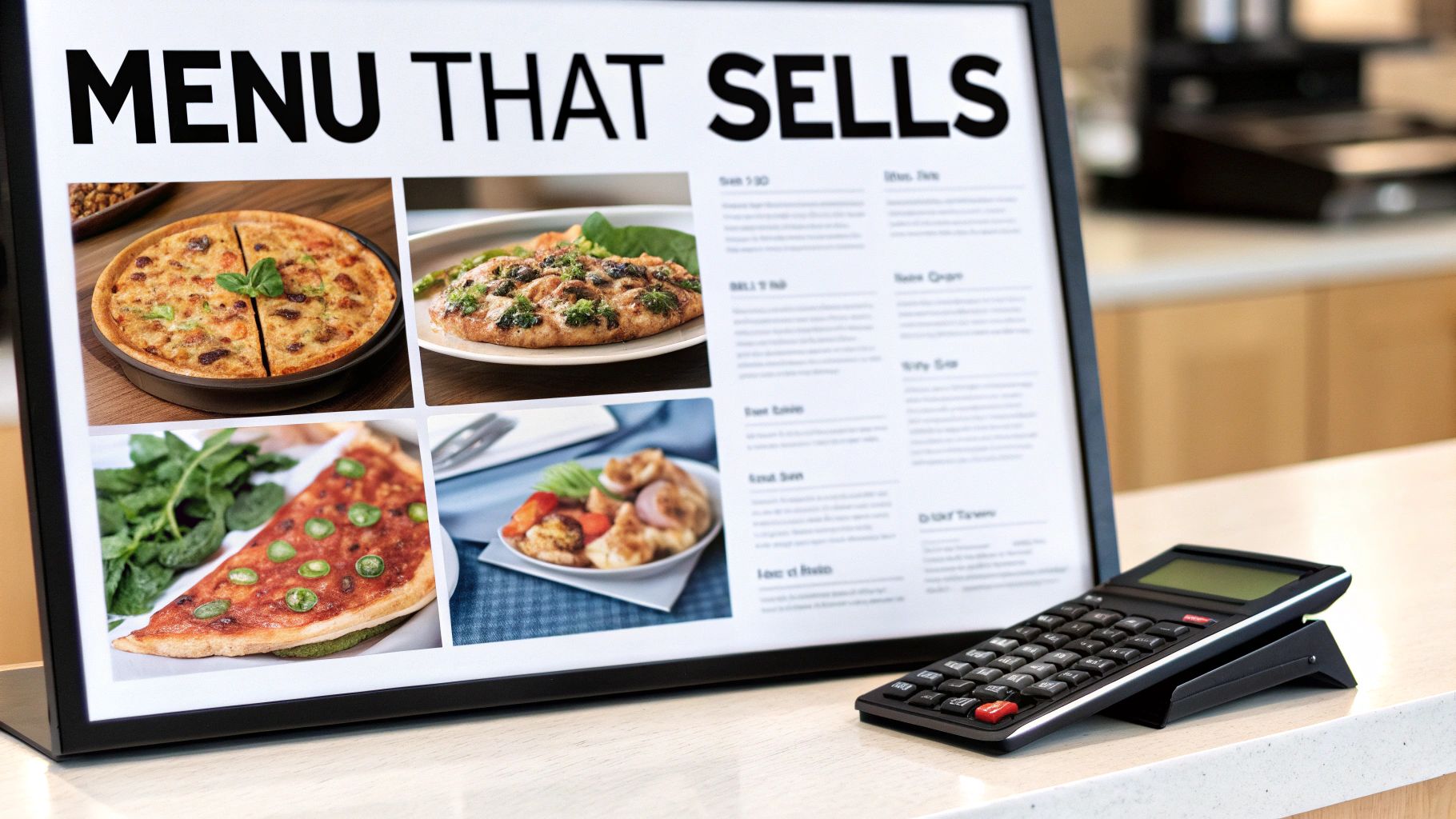 A restaurant menu display titled 'MENU THAT SELLS' featuring various food items and a calculator on a table.