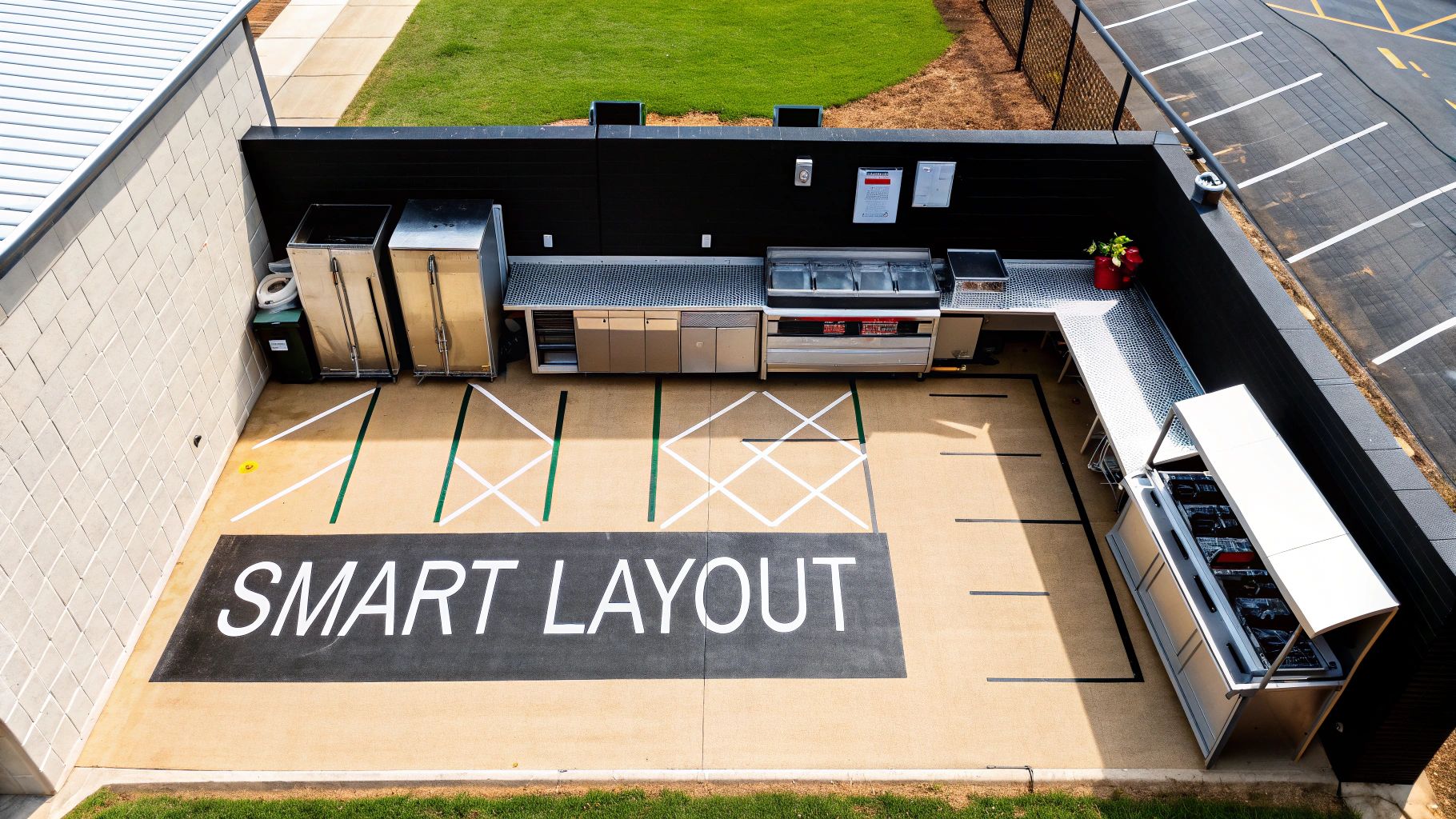 Overhead view of an outdoor commercial kitchen featuring stainless steel counters, various refrigeration units, and 'SMART LAYOUT' painted on the floor.