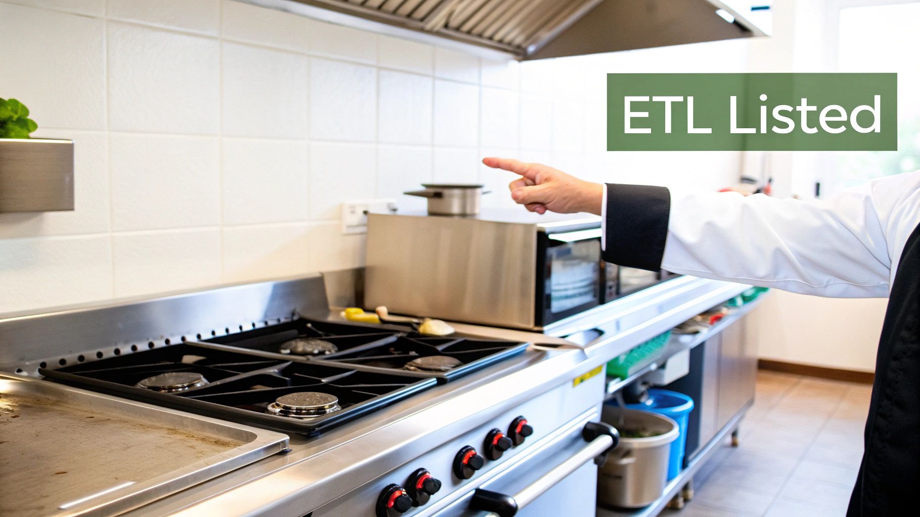 A chef in a clean commercial kitchen with stainless steel appliances, highlighting an "ETL Listed" product.