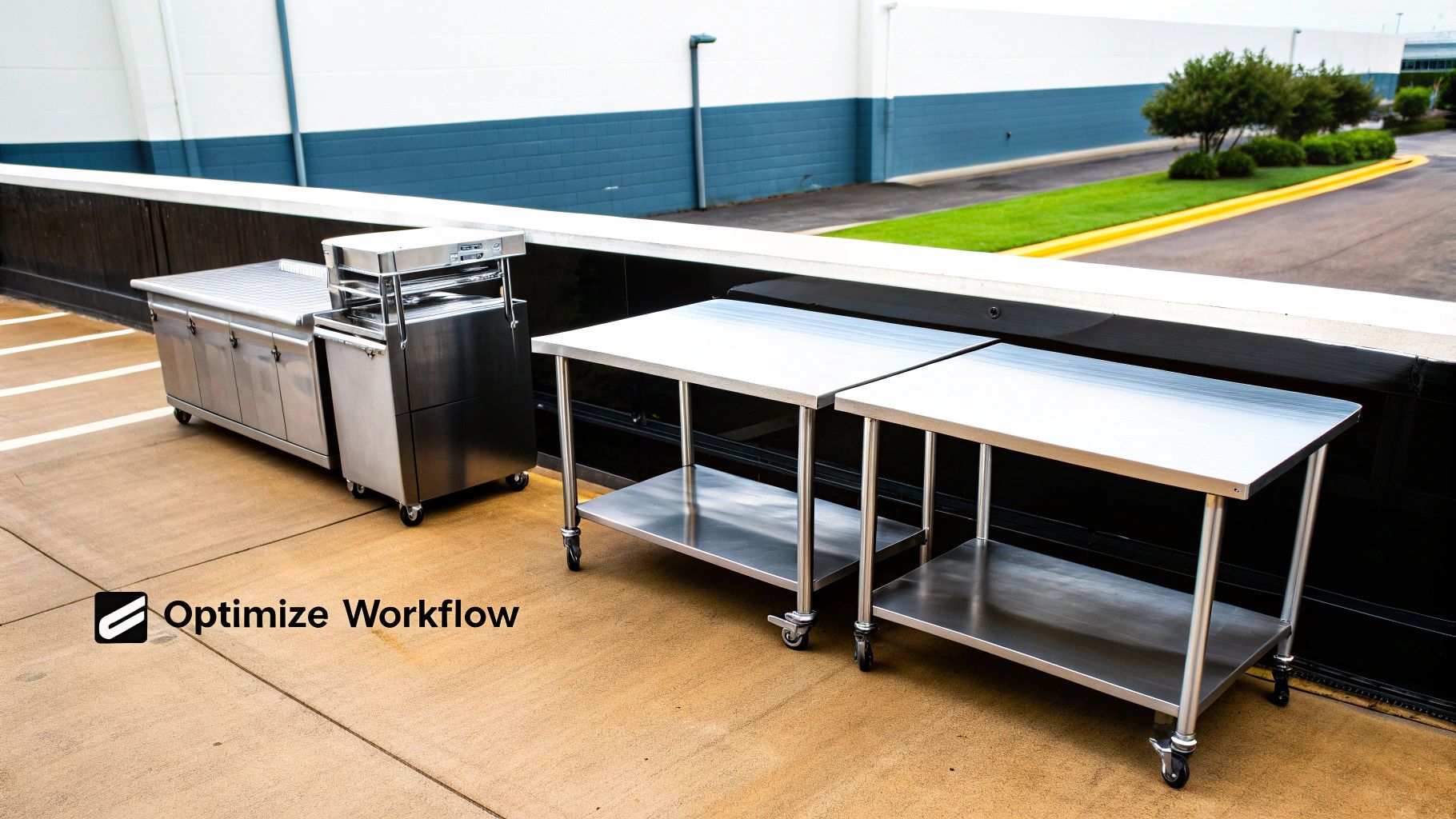Modern stainless steel mobile carts and prep tables on concrete next to a facility.