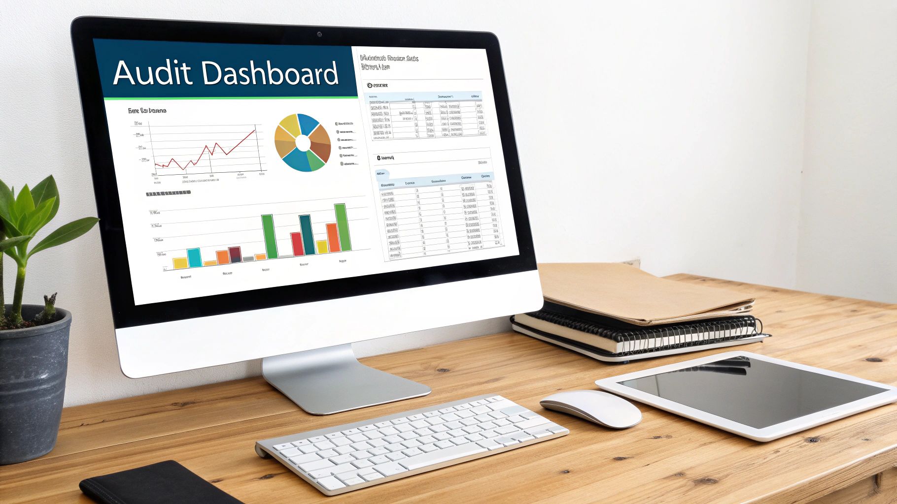 A computer displaying an 'Audit Dashboard' with charts, a keyboard, mouse, and office supplies on a wooden desk.
