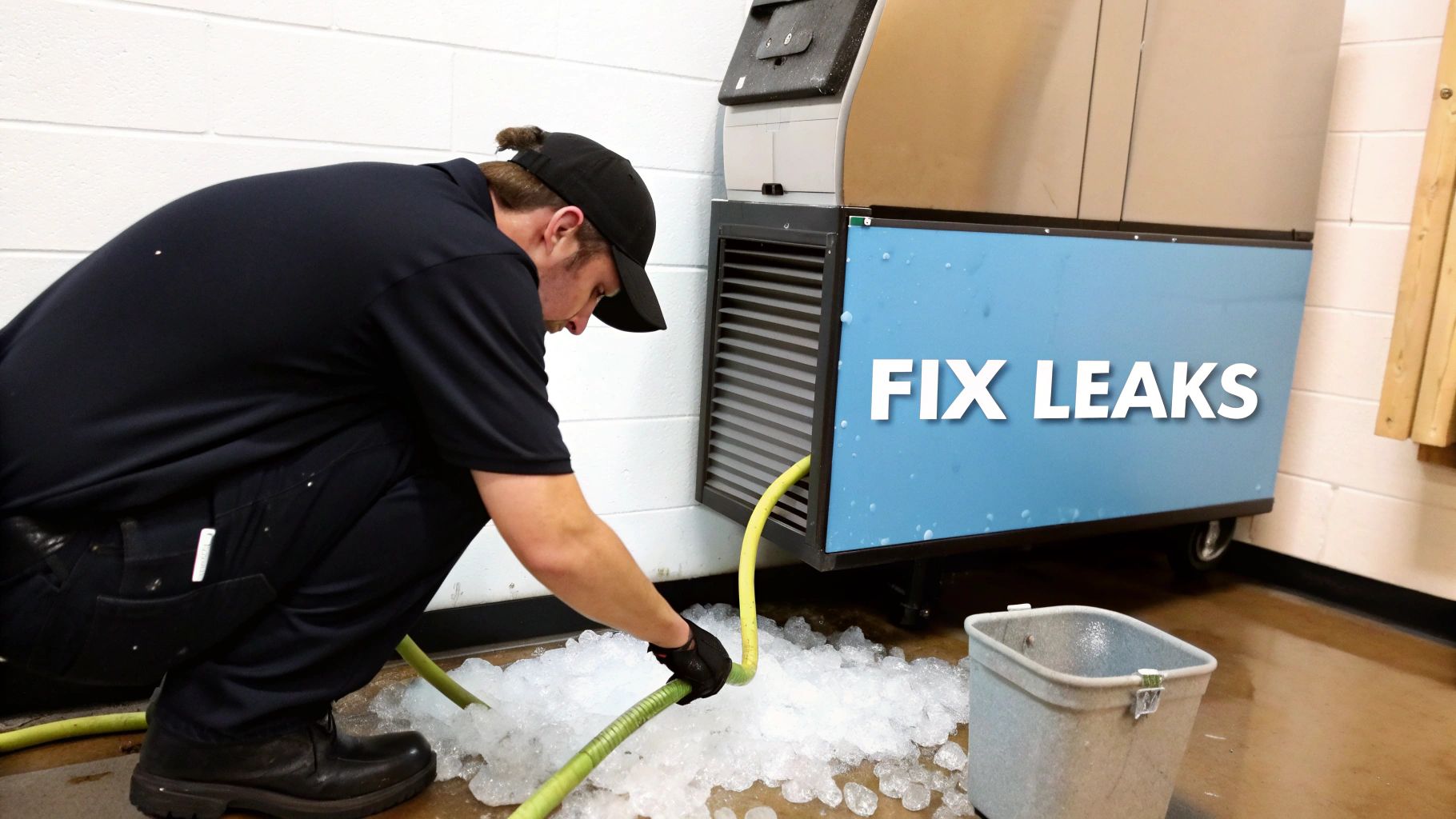 Technician clearing melted ice from a leaking commercial ice maker using a yellow hose.