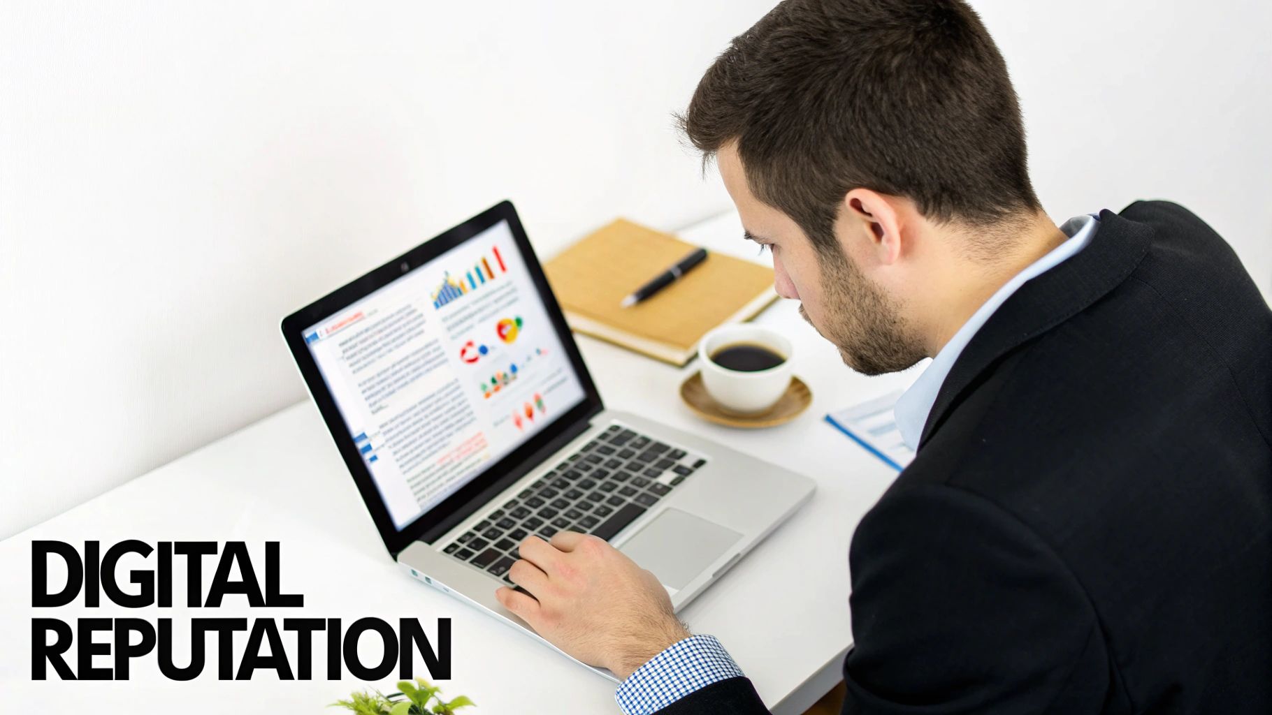 A focused man in a business suit analyzing charts and graphs on a laptop for digital reputation.