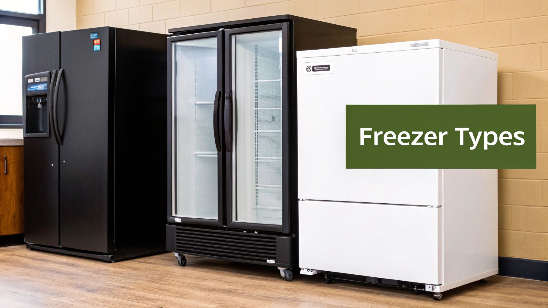 Several commercial freezers in a restaurant kitchen