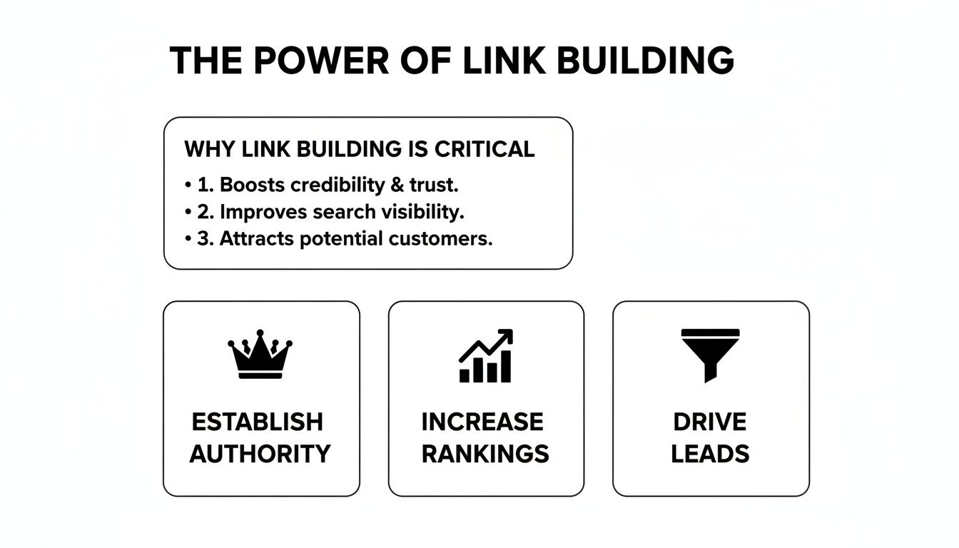 An infographic detailing the benefits of link building: establishing authority, increasing rankings, and driving leads.