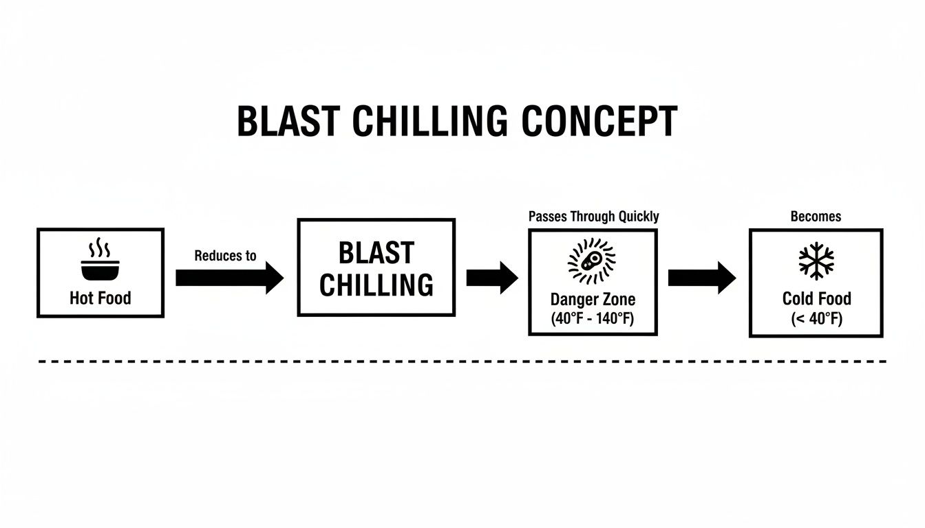 Diagram illustrating the blast chilling concept, showing hot food being rapidly cooled to cold food, bypassing the danger zone.