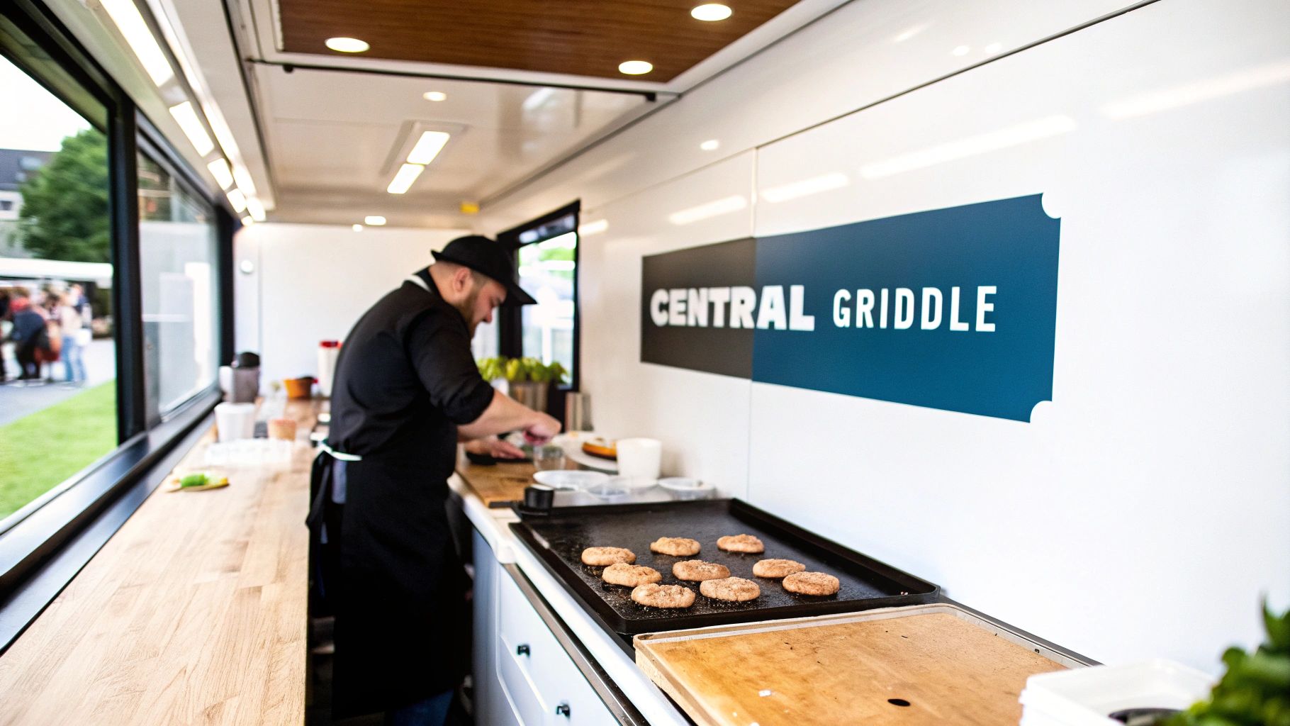 Chef cooking patties on a griddle inside a modern food truck kitchen, with a 'Central Griddle' sign.