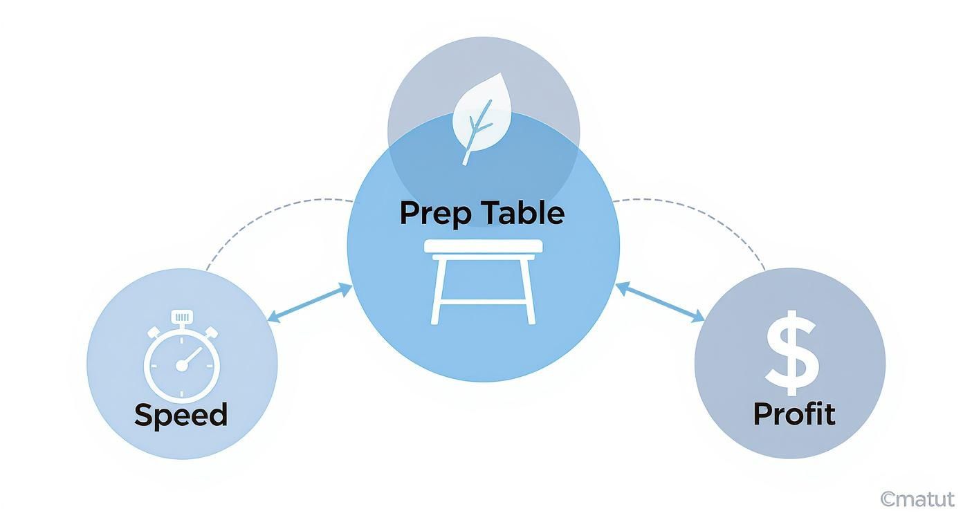 Diagram illustrating how a prep table influences speed and profit, with a leaf icon suggesting freshness.