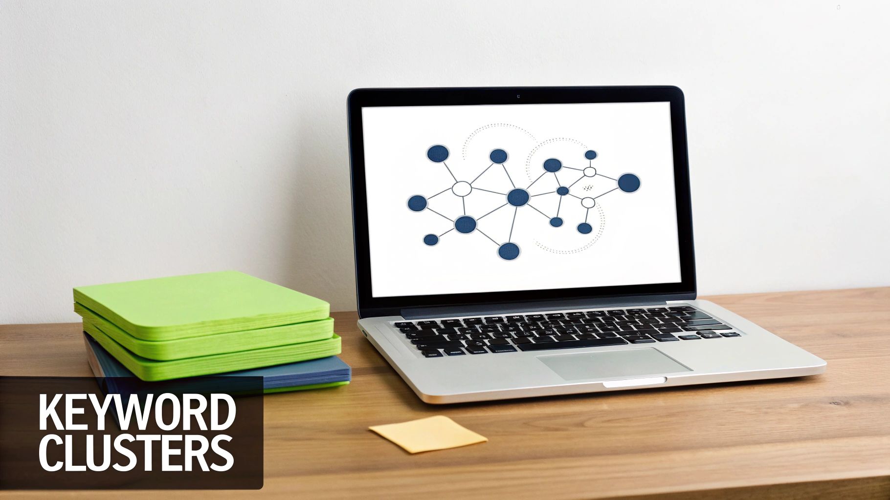 A laptop showing a network diagram sits on a wooden desk next to stacked green notebooks and a sticky note, with 'KEYWORD CLUSTERS' text.