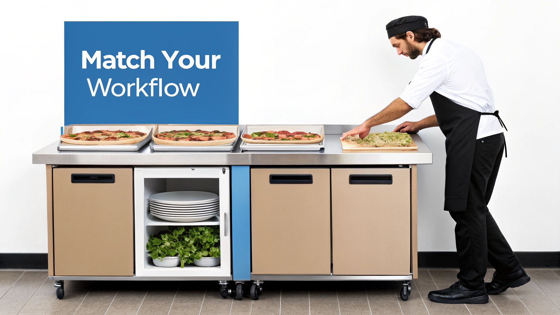 A chef prepares pizzas and fresh greens on a versatile under-counter commercial kitchen station.