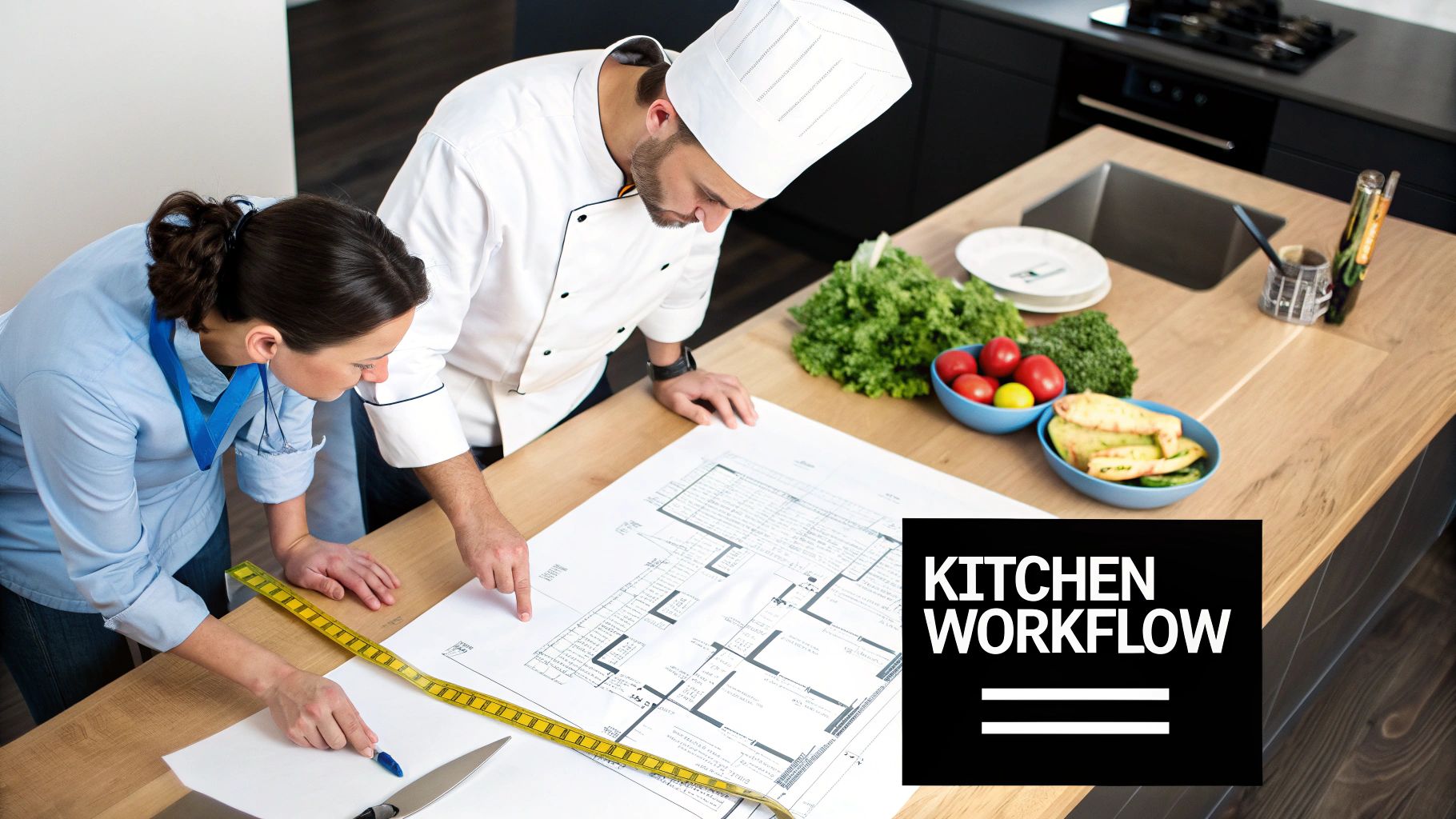 A chef and a woman review detailed kitchen blueprints on a wooden island.