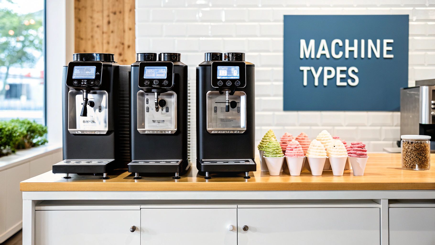 Three commercial soft-serve ice cream machines on a counter, with colorful frozen treats in cups.