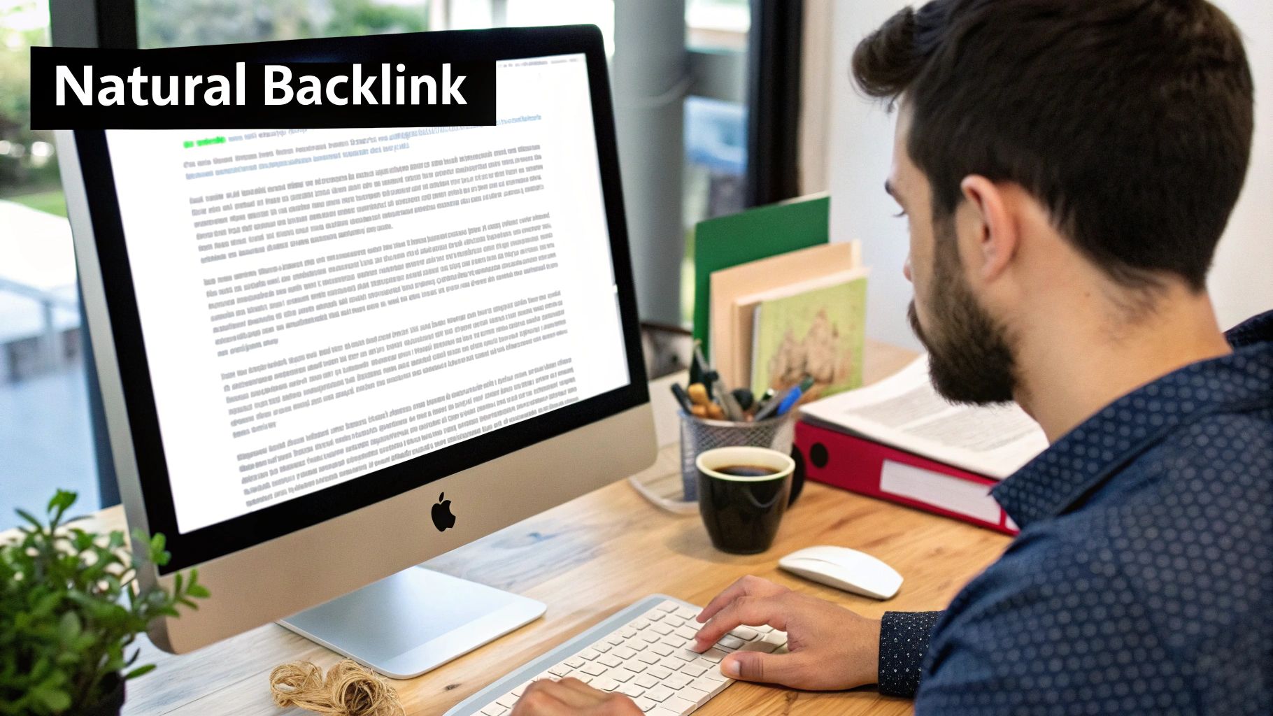A man focused on writing content on a computer screen, featuring 'Natural Backlink' text.