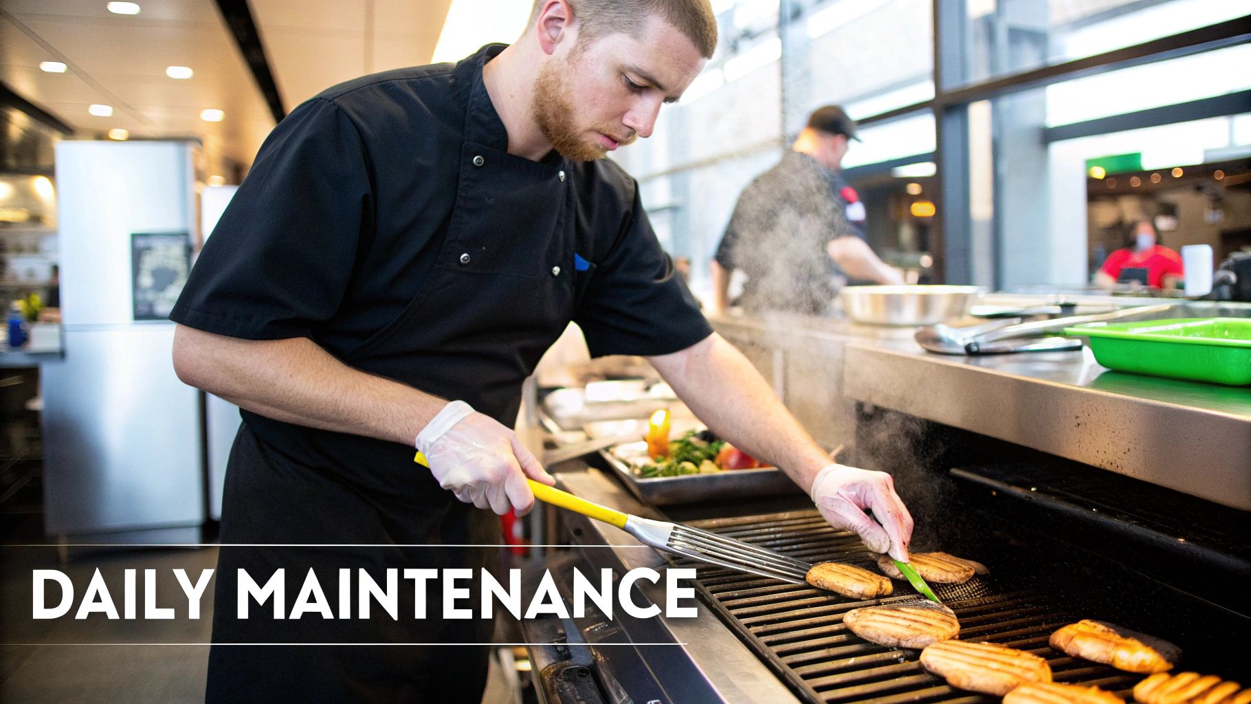 A chef cleaning a commercial charbroiler grill with a brush.