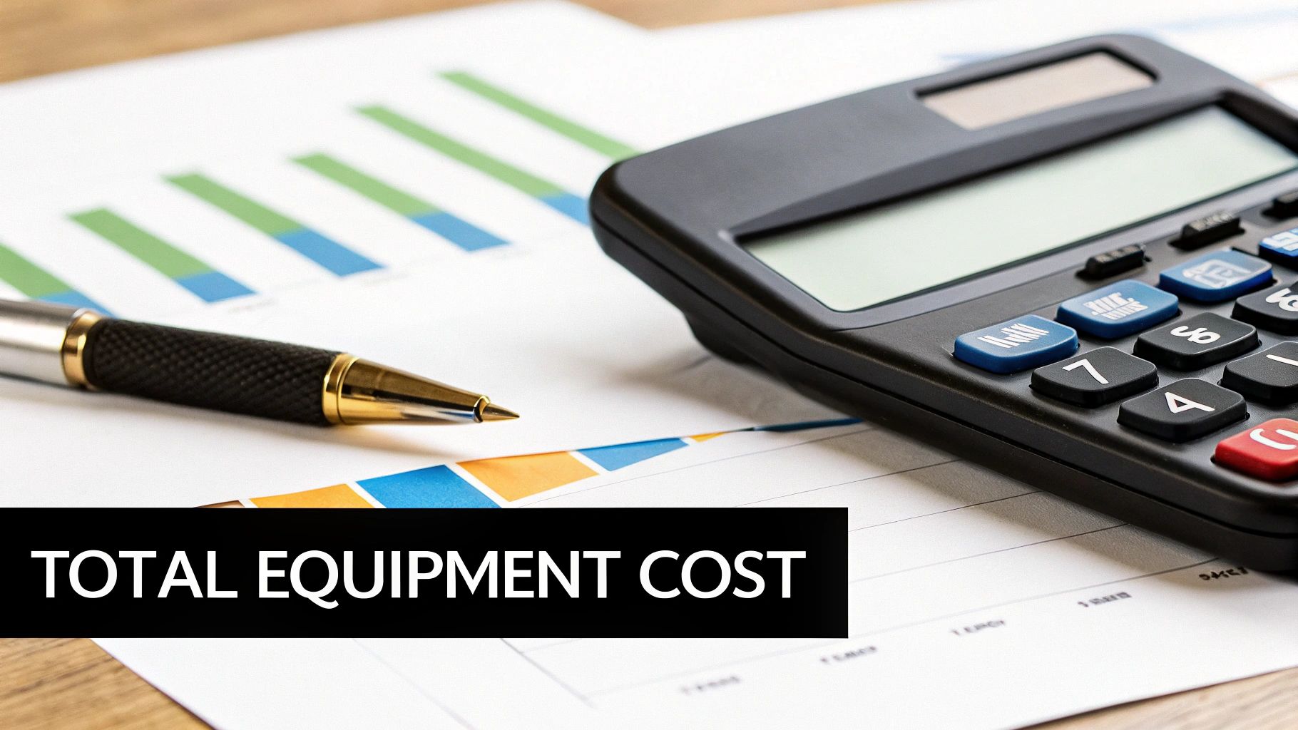 A calculator and pen resting on financial charts, highlighting total equipment cost calculations.