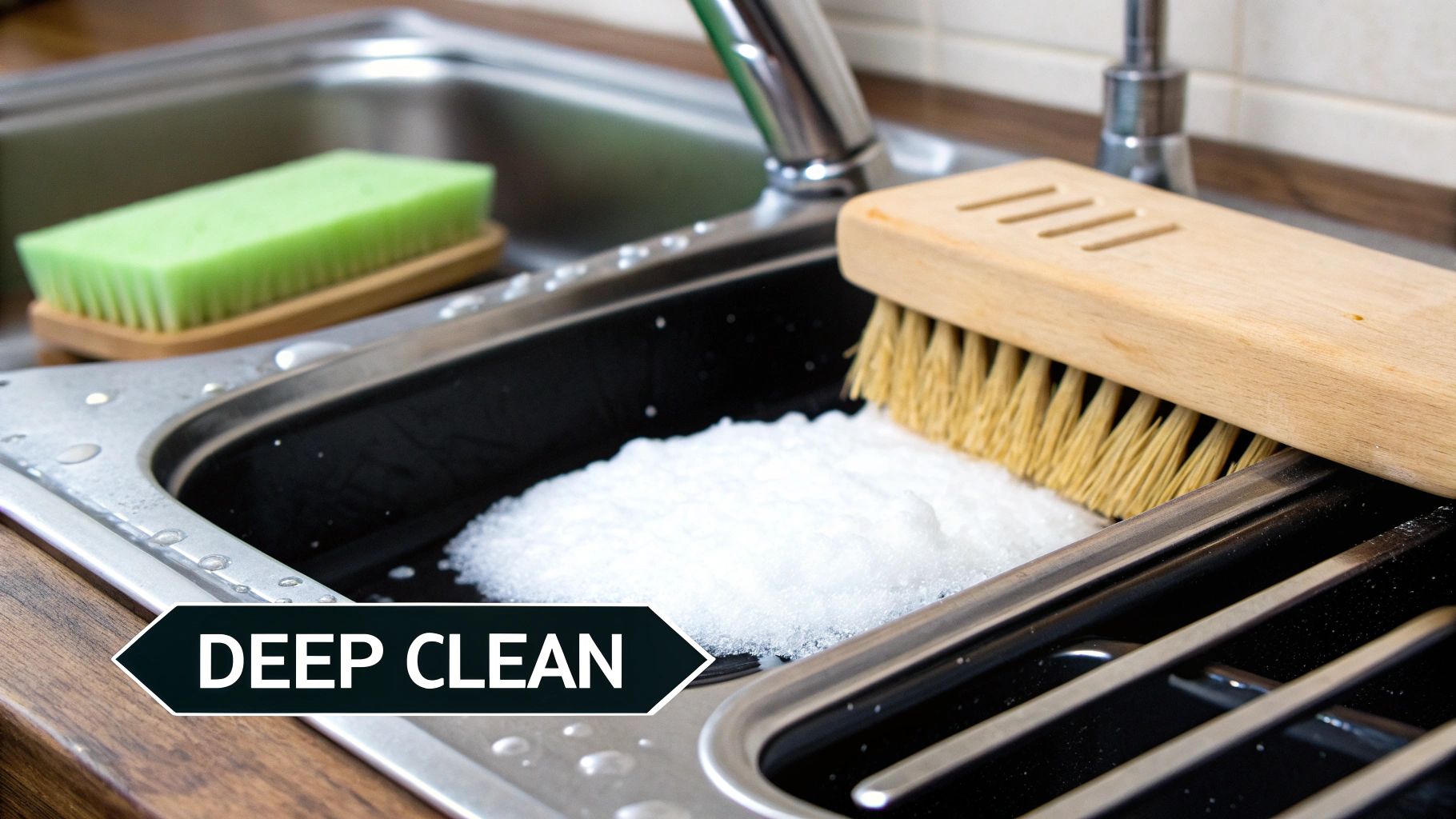 Two cleaning brushes and a foamy substance in a kitchen sink, ready for a deep clean of stainless steel grill grates.