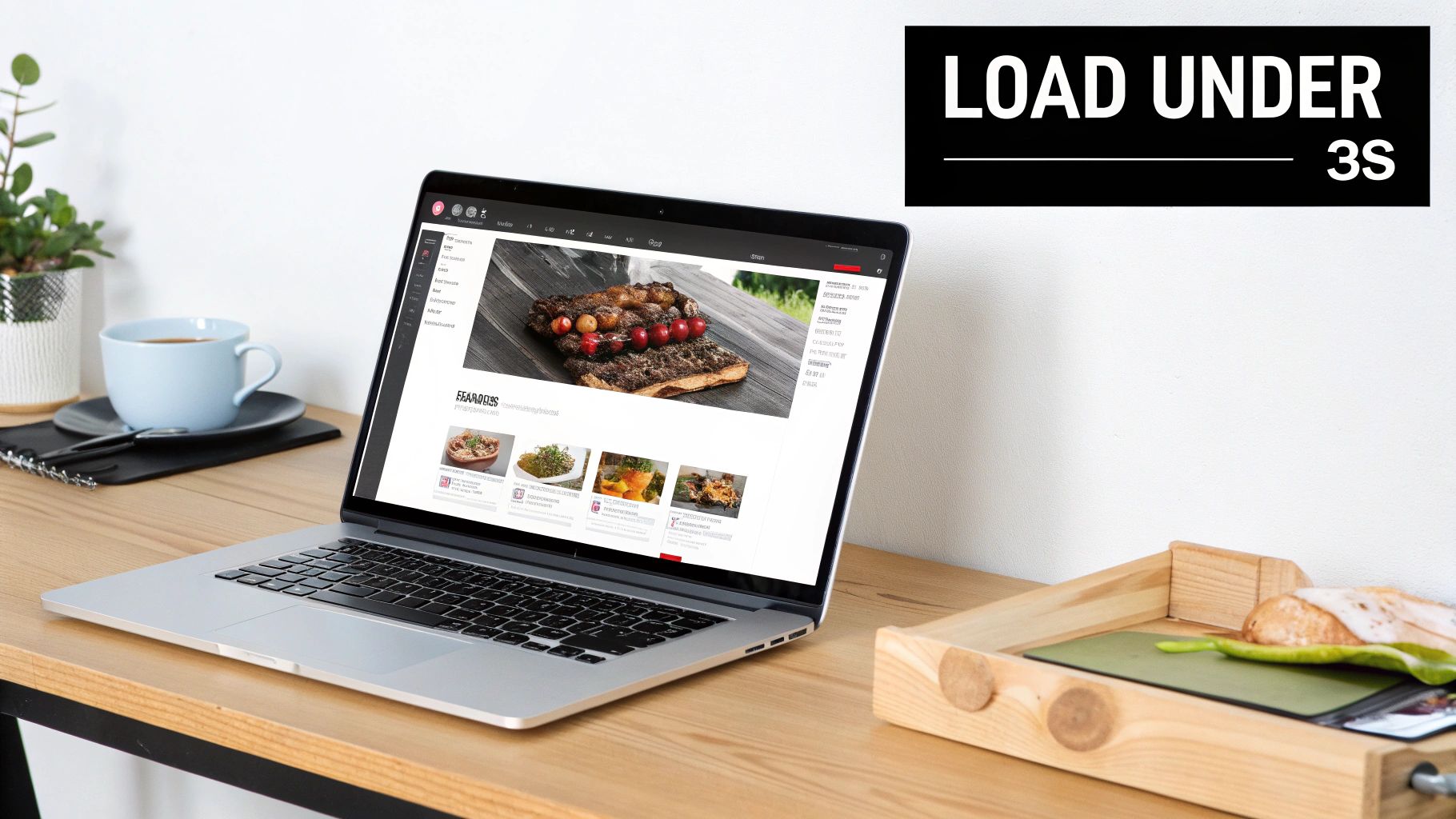 A laptop on a wooden desk displays a food website, emphasizing fast loading speed with 'LOAD UNDER 3S' text.