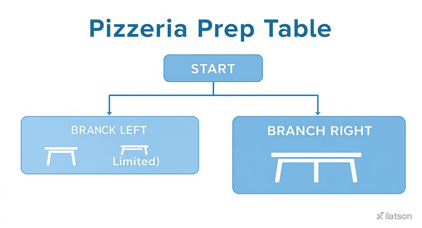 Flowchart titled 'Pizzeria Prep Table' demonstrating different table options, including left and right branches.