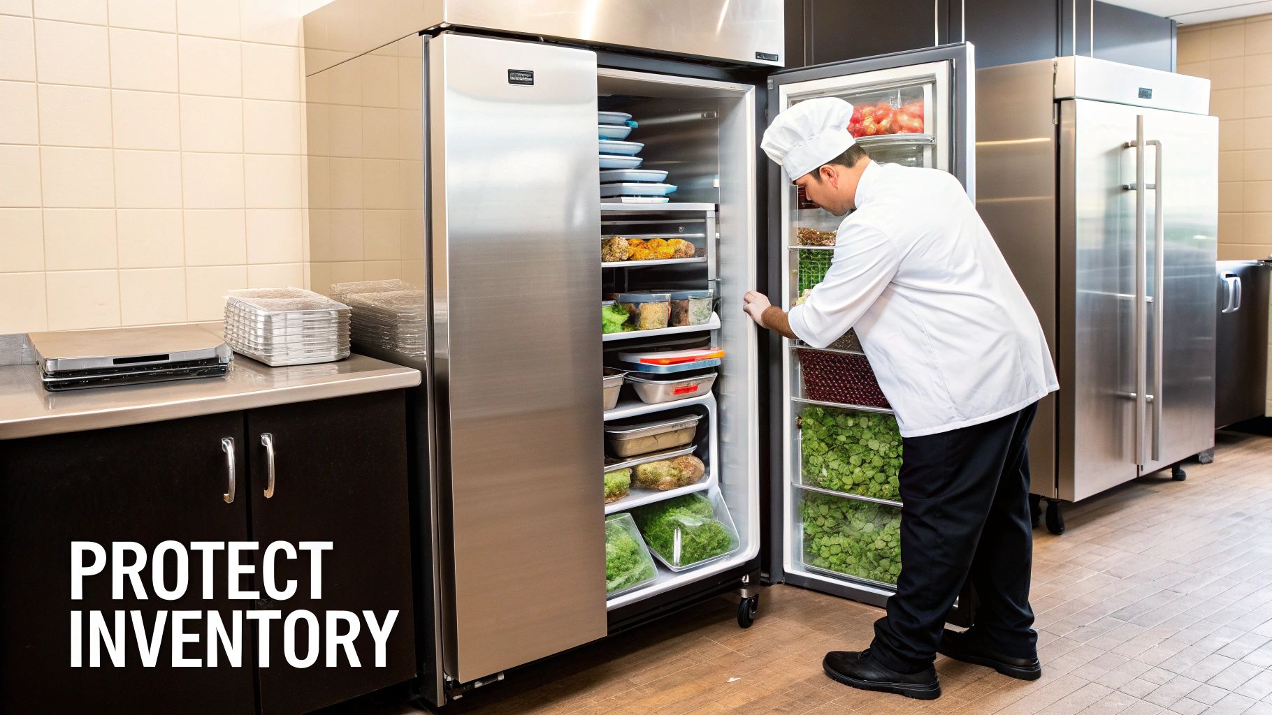 A chef organizes a large commercial refrigerator filled with fresh produce and prepped meals in a kitchen.