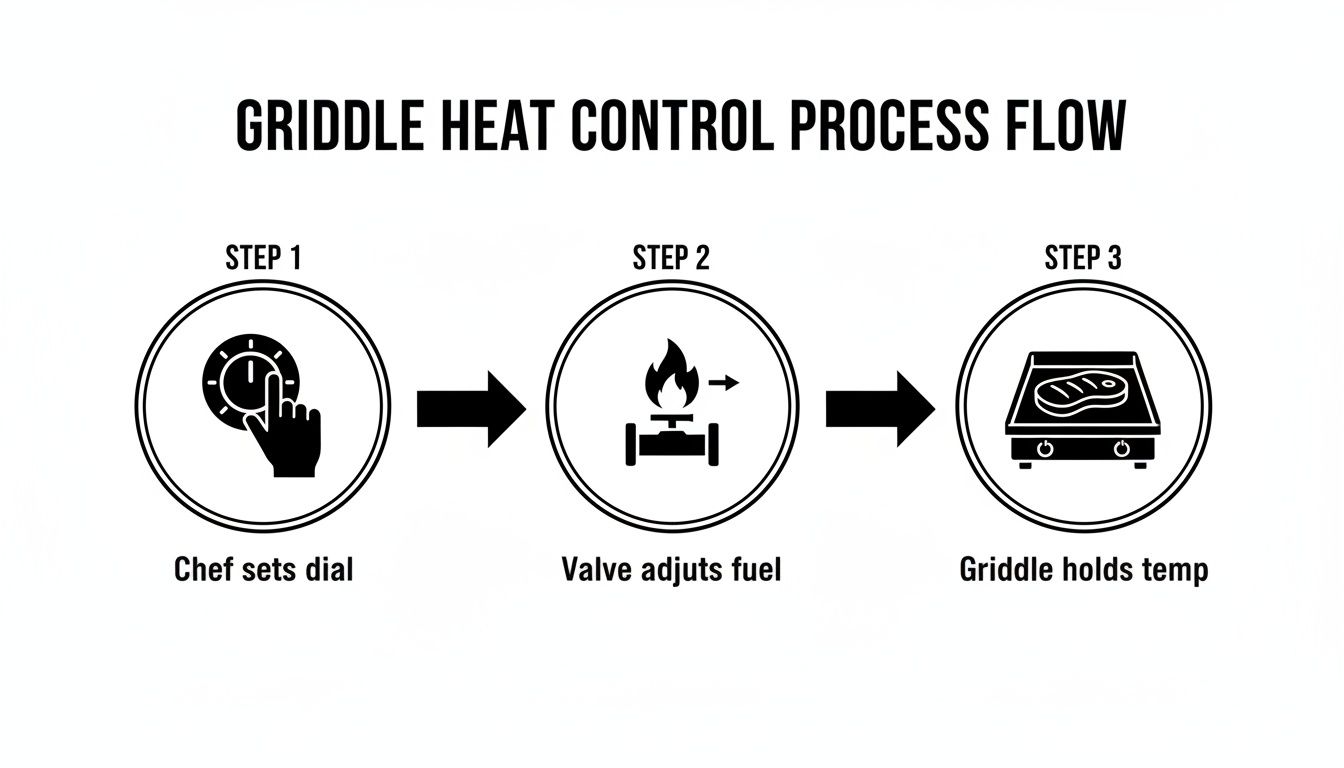 Diagram illustrating the three-step griddle heat control process: chef sets dial, valve adjusts fuel, griddle holds temperature.
