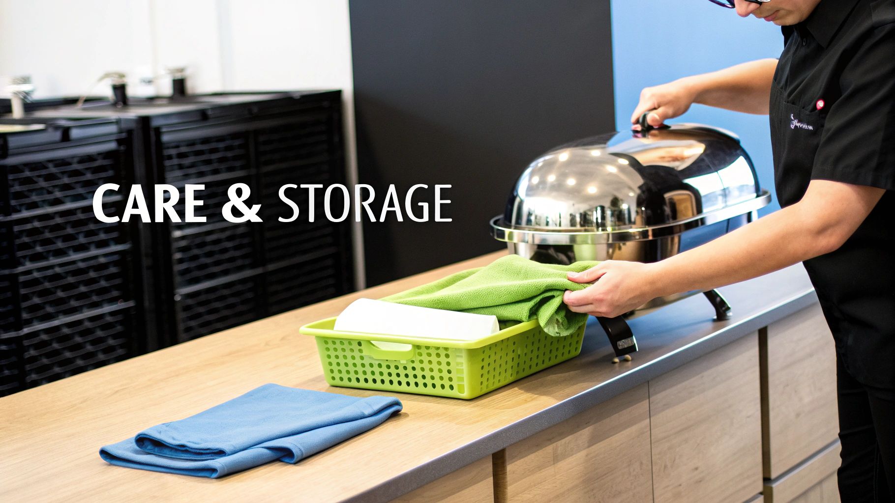 A person carefully cleans a shiny chafing dish with a green cloth for proper care and storage.
