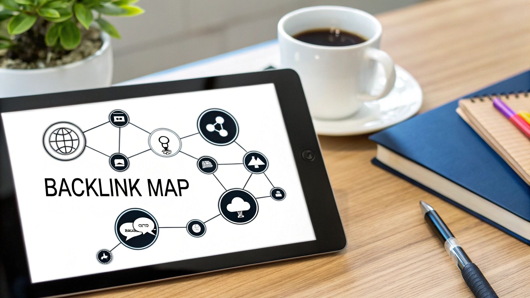 Tablet displaying a backlink map with interconnected SEO icons on a wooden desk.