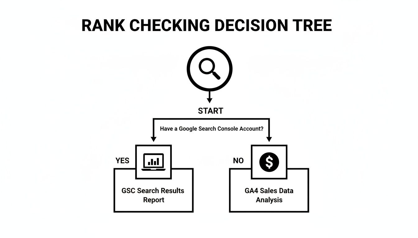 A rank checking decision tree flowchart guiding users on how to check SEO rank based on data availability.