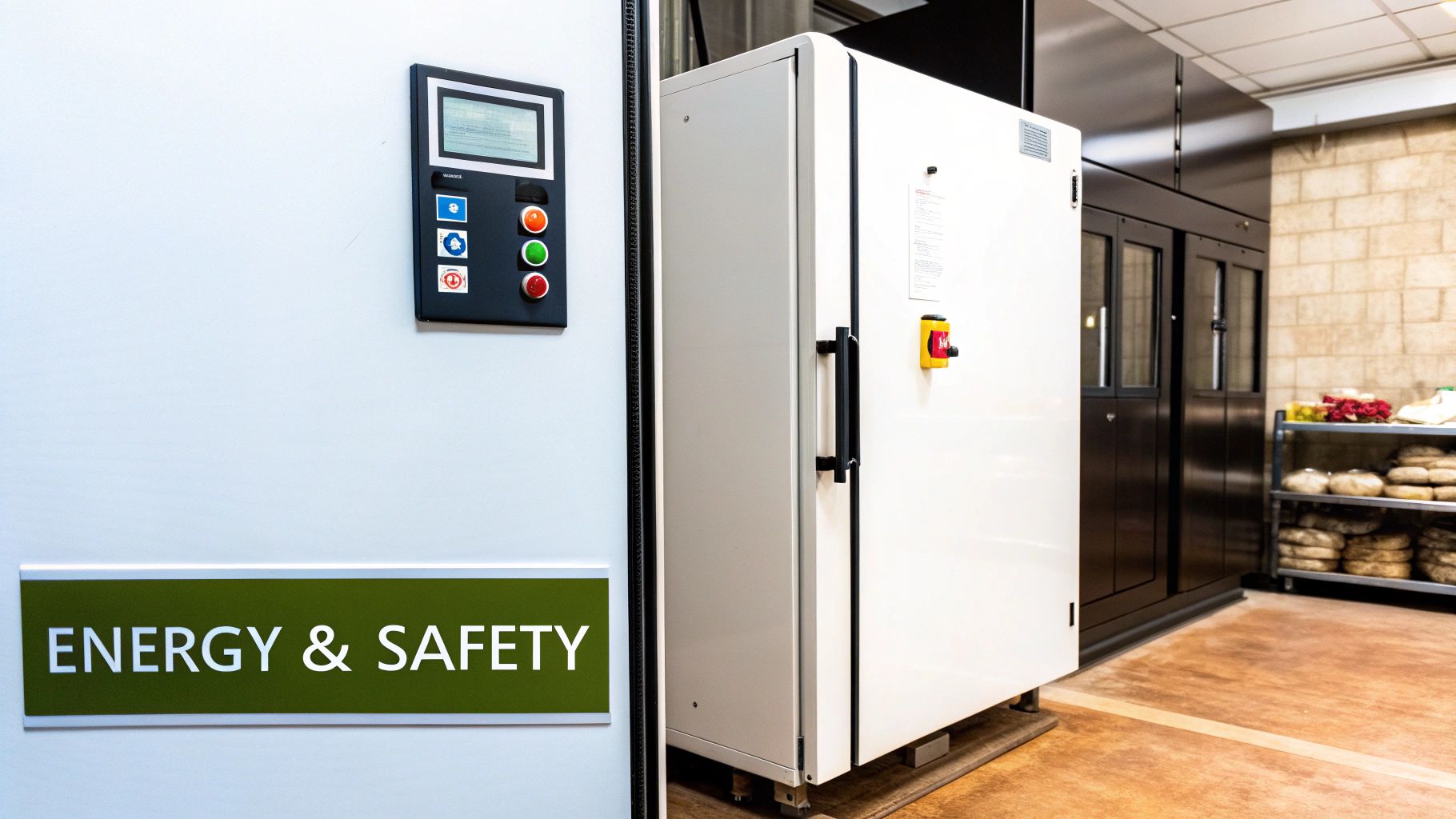 Industrial control panel with an 'ENERGY & SAFETY' sign, next to a large white commercial freezer and food shelves.