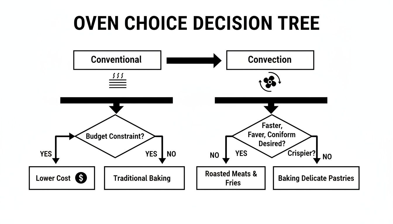 Decision tree for choosing between conventional and convection ovens based on cooking needs and budget.