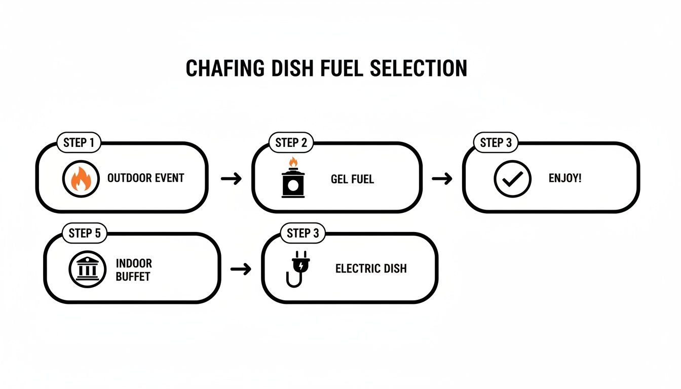 Flowchart illustrating chafing dish fuel selection for outdoor events (gel fuel) and indoor buffets (electric dish).