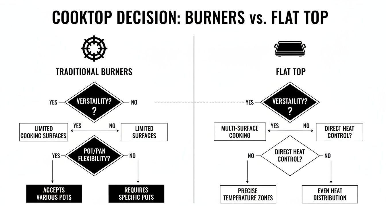 A detailed flowchart comparing traditional burners and flat top cooktops based on versatility and heat control.