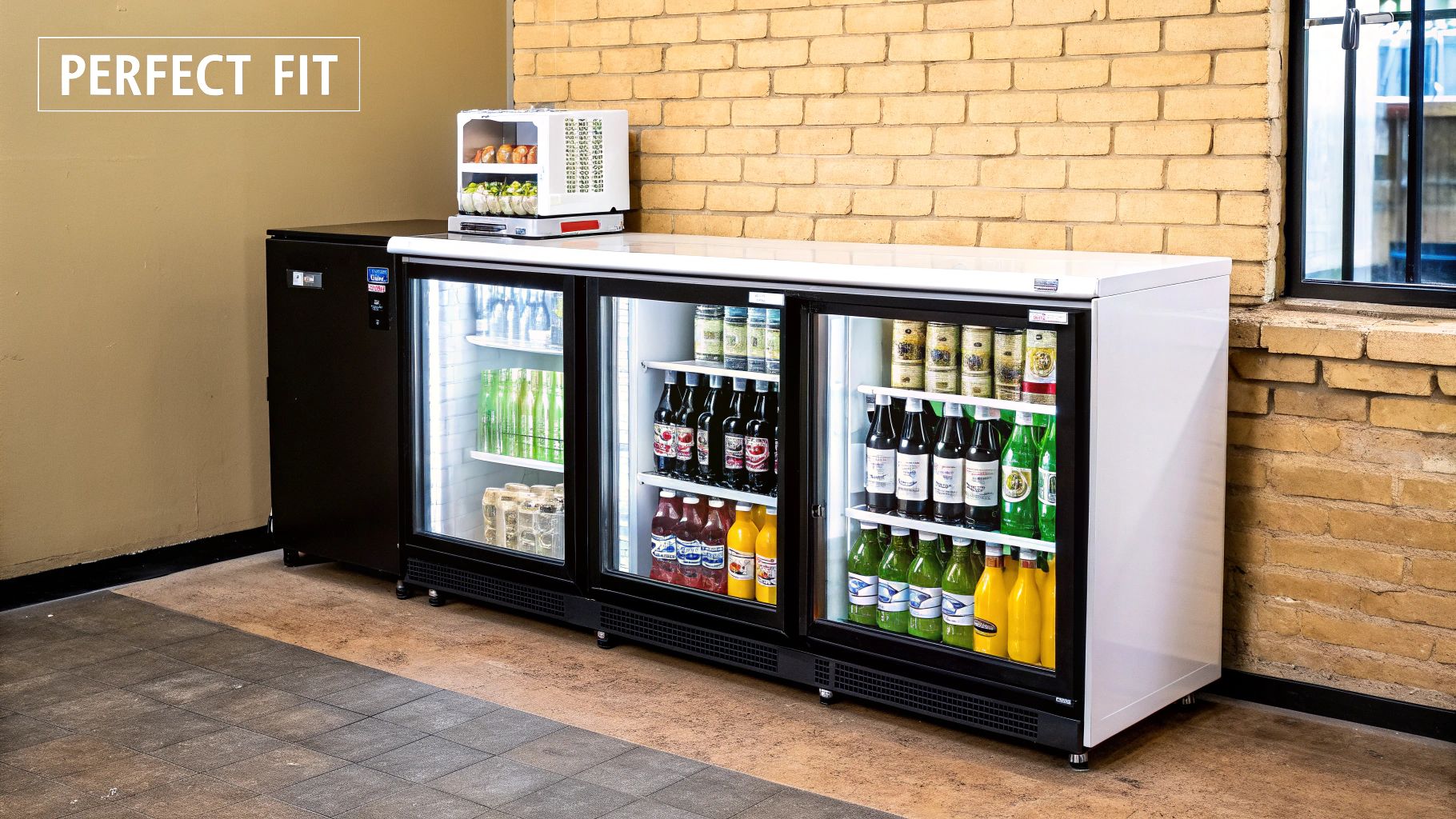 A long black and white back bar refrigerator with glass doors displaying various drinks, against a brick wall.