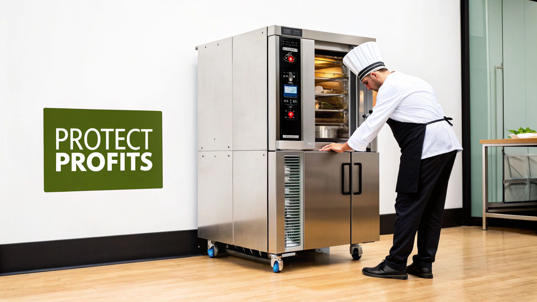 A chef inspects food in a commercial oven, with a 'PROTECT PROFITS' sign on the wall.