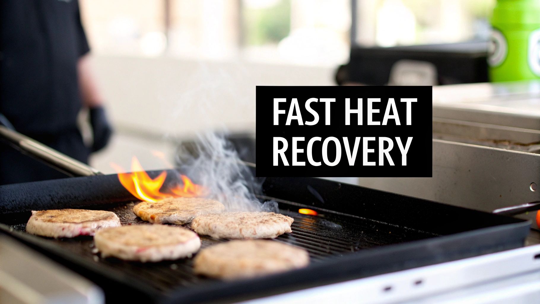 Burgers sizzling on a hot grill with visible flames and smoke, featuring a 'Fast Heat Recovery' text overlay.