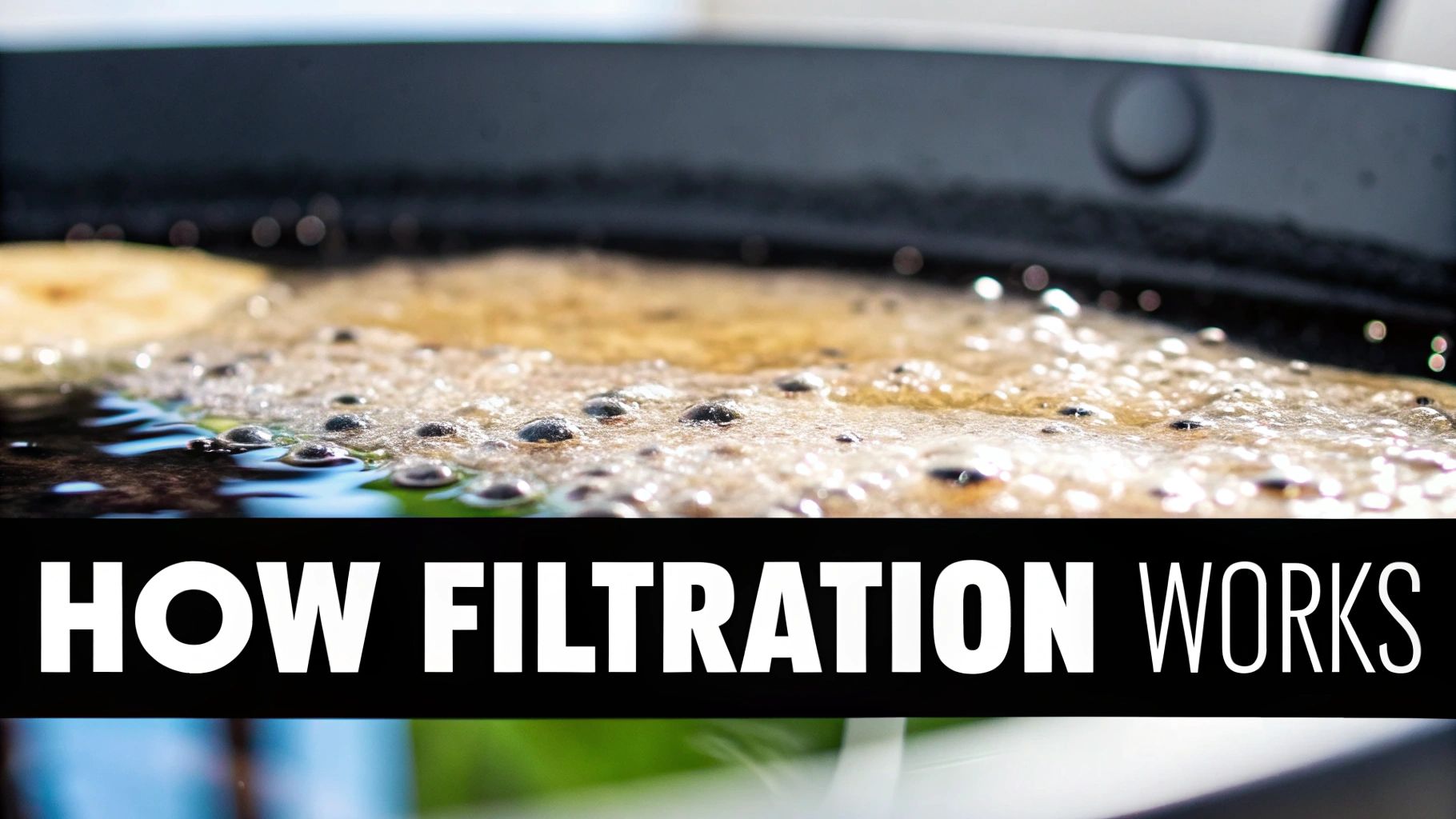 Close-up of bubbling liquid in a deep fryer, with the text 'HOW FILTRATION WORKS' at the bottom.