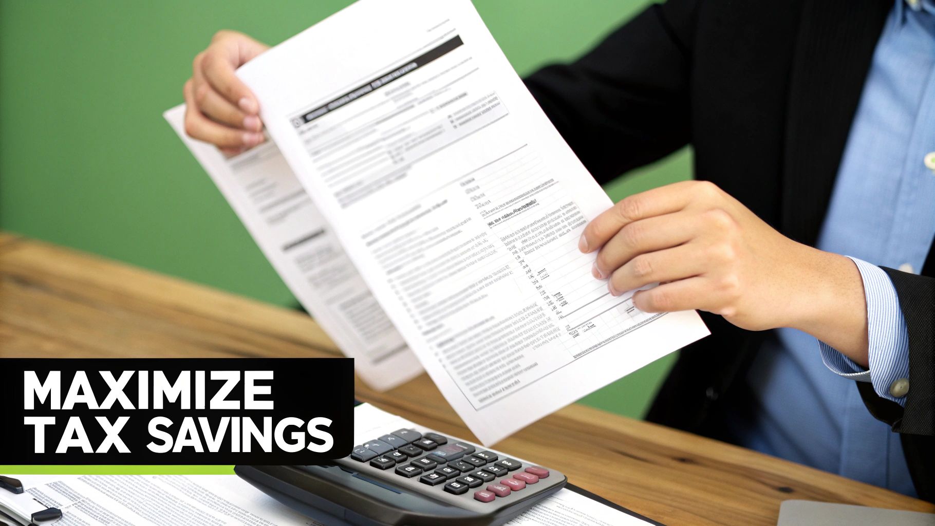 Hands of a person in a suit reviewing tax documents and using a calculator to maximize savings.