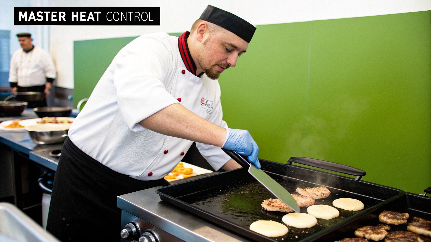 A chef expertly flipping food on a hot commercial electric griddle.