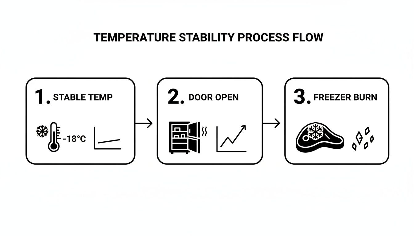 Infographic illustrating the temperature stability process flow leading to freezer burn in three steps.