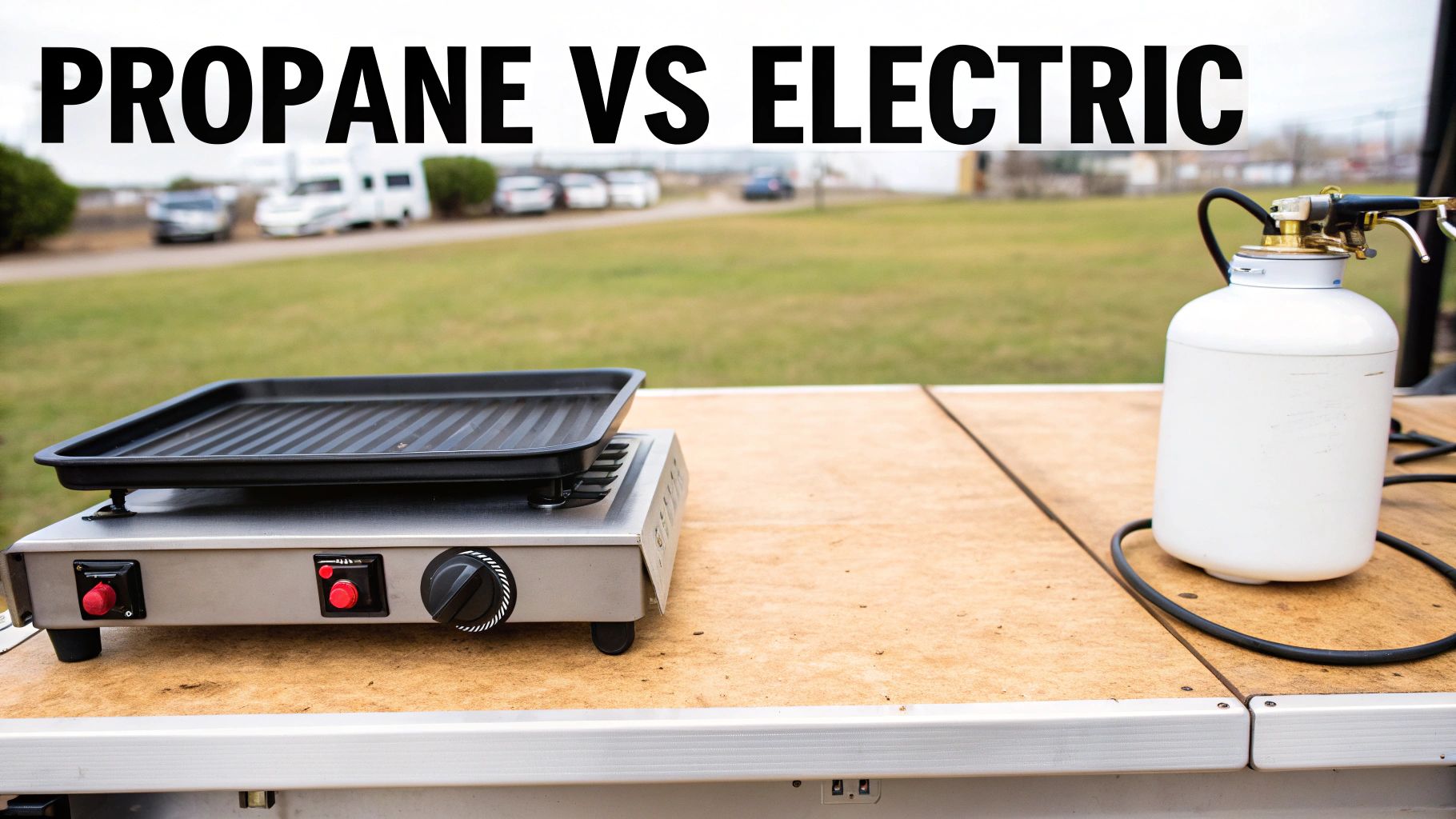 An outdoor setup showing an electric griddle next to a propane tank on a wooden table.