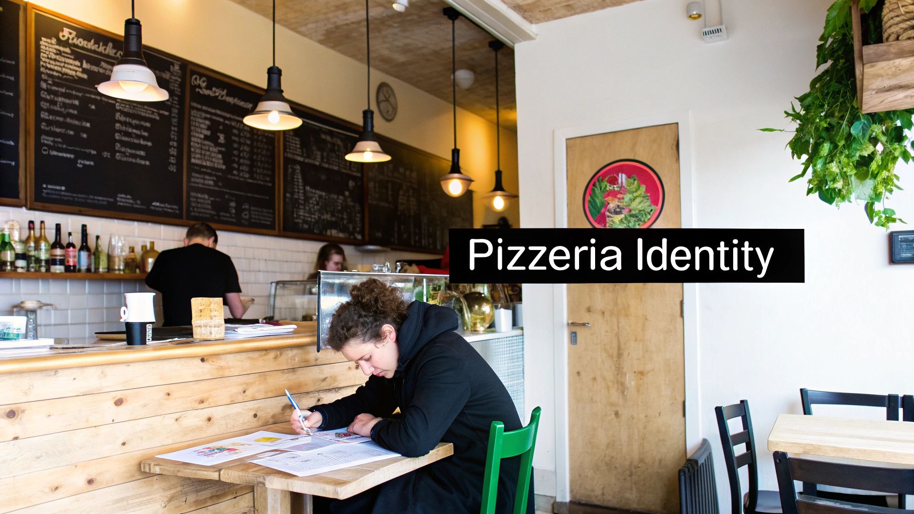 A young woman works at a table inside a lively pizzeria, with staff and menus in the background.
